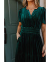 Evergreen Velvet Short Sleeve Shirred Waist Tiered Maxi Dress - M