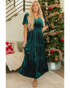 Evergreen Velvet Short Sleeve Shirred Waist Tiered Maxi Dress - M
