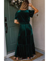 Evergreen Velvet Short Sleeve Shirred Waist Tiered Maxi Dress - M