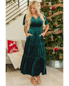 Evergreen Velvet Short Sleeve Shirred Waist Tiered Maxi Dress - XL