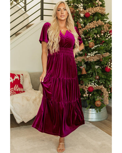 Red Dahlia Velvet Short Sleeve Shirred Waist Tiered Maxi Dress - L