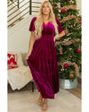 Red Dahlia Velvet Short Sleeve Shirred Waist Tiered Maxi Dress - L