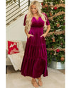 Red Dahlia Velvet Short Sleeve Shirred Waist Tiered Maxi Dress - L