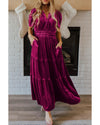 Red Dahlia Velvet Short Sleeve Shirred Waist Tiered Maxi Dress - L