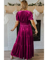Red Dahlia Velvet Short Sleeve Shirred Waist Tiered Maxi Dress - L