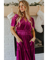 Red Dahlia Velvet Short Sleeve Shirred Waist Tiered Maxi Dress - M