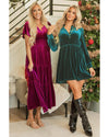 Red Dahlia Velvet Short Sleeve Shirred Waist Tiered Maxi Dress - M