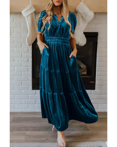 Prussian Blue Velvet Short Sleeve Shirred Waist Tiered Maxi Dress - L
