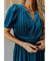 Prussian Blue Velvet Short Sleeve Shirred Waist Tiered Maxi Dress - L