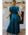 Prussian Blue Velvet Short Sleeve Shirred Waist Tiered Maxi Dress - M