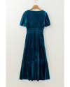 Prussian Blue Velvet Short Sleeve Shirred Waist Tiered Maxi Dress - M