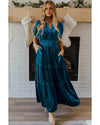 Prussian Blue Velvet Short Sleeve Shirred Waist Tiered Maxi Dress - M