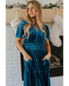 Prussian Blue Velvet Short Sleeve Shirred Waist Tiered Maxi Dress - M