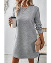 Gray Solid Color Textured Long Sleeve Shift Dress - L