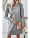 Gray Solid Color Textured Long Sleeve Shift Dress - L