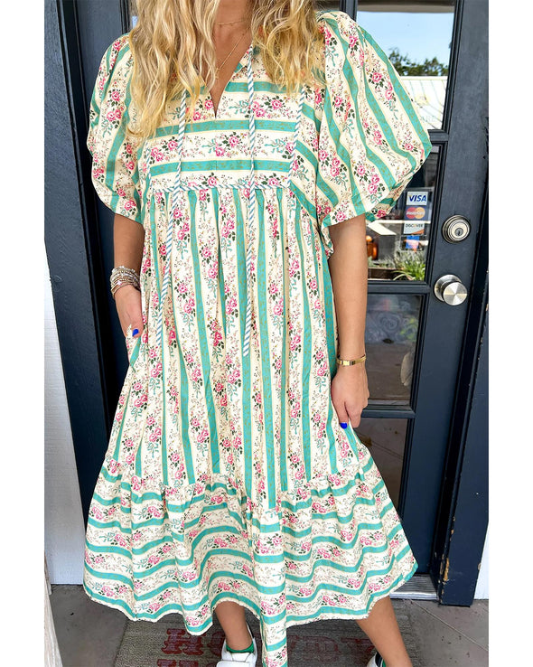 Multicolour Striped Floral Print Tie Split Neck Puff Sleeve Midi Dress - M