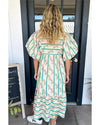 Multicolour Striped Floral Print Tie Split Neck Puff Sleeve Midi Dress - M