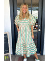 Multicolour Striped Floral Print Tie Split Neck Puff Sleeve Midi Dress - M