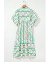 Multicolour Striped Floral Print Tie Split Neck Puff Sleeve Midi Dress - M
