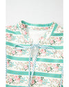 Multicolour Striped Floral Print Tie Split Neck Puff Sleeve Midi Dress - M