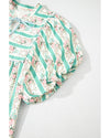 Multicolour Striped Floral Print Tie Split Neck Puff Sleeve Midi Dress - M