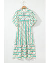 Multicolour Striped Floral Print Tie Split Neck Puff Sleeve Midi Dress - XL