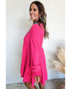 Rose Red Colorful Crochet V Neck Textured Tiered Ruffled Long Sleeve Mini Dress - M