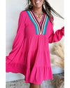Rose Red Colorful Crochet V Neck Textured Tiered Ruffled Long Sleeve Mini Dress - M