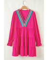 Rose Red Colorful Crochet V Neck Textured Tiered Ruffled Long Sleeve Mini Dress - M