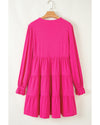 Rose Red Colorful Crochet V Neck Textured Tiered Ruffled Long Sleeve Mini Dress - M