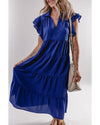 Bluing Ruffled Short Sleeve Collared V Neck Tiered Midi Dress - L