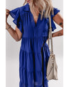 Bluing Ruffled Short Sleeve Collared V Neck Tiered Midi Dress - L