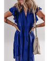 Bluing Ruffled Short Sleeve Collared V Neck Tiered Midi Dress - L