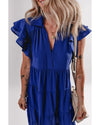 Bluing Ruffled Short Sleeve Collared V Neck Tiered Midi Dress - L