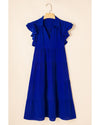 Bluing Ruffled Short Sleeve Collared V Neck Tiered Midi Dress - L