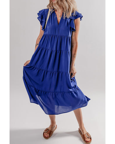Bluing Ruffled Short Sleeve Collared V Neck Tiered Midi Dress - M