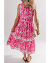 Rose Floral Sleeveless Tasseled Lace-up Neck Tiered Midi Dress - XL