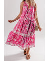 Rose Floral Sleeveless Tasseled Lace-up Neck Tiered Midi Dress - XL