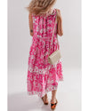 Rose Floral Sleeveless Tasseled Lace-up Neck Tiered Midi Dress - XL