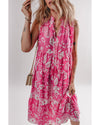 Rose Floral Sleeveless Tasseled Lace-up Neck Tiered Midi Dress - XL