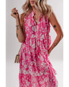 Rose Floral Sleeveless Tasseled Lace-up Neck Tiered Midi Dress - XL