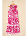 Rose Floral Sleeveless Tasseled Lace-up Neck Tiered Midi Dress - XL