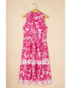 Rose Floral Sleeveless Tasseled Lace-up Neck Tiered Midi Dress - XL