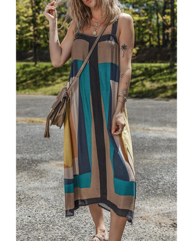Brown Retro Geometric Printed Y Back Sleeveless Dress - L