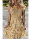 Yellow Boho Floral Print Ruffle Smocked Flowy Summer Dress - L