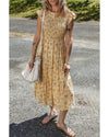 Yellow Boho Floral Print Ruffle Smocked Flowy Summer Dress - M