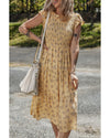 Yellow Boho Floral Print Ruffle Smocked Flowy Summer Dress - M