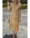 Yellow Boho Floral Print Ruffle Smocked Flowy Summer Dress - M