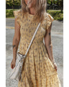 Yellow Boho Floral Print Ruffle Smocked Flowy Summer Dress - M