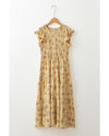 Yellow Boho Floral Print Ruffle Smocked Flowy Summer Dress - M